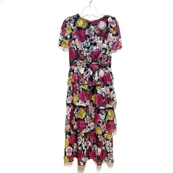 New ADELYN RAE Eliza Floral Print Puff Sleeve Tiered Midi Dress In Pink Sz S - Picture 6 of 8
